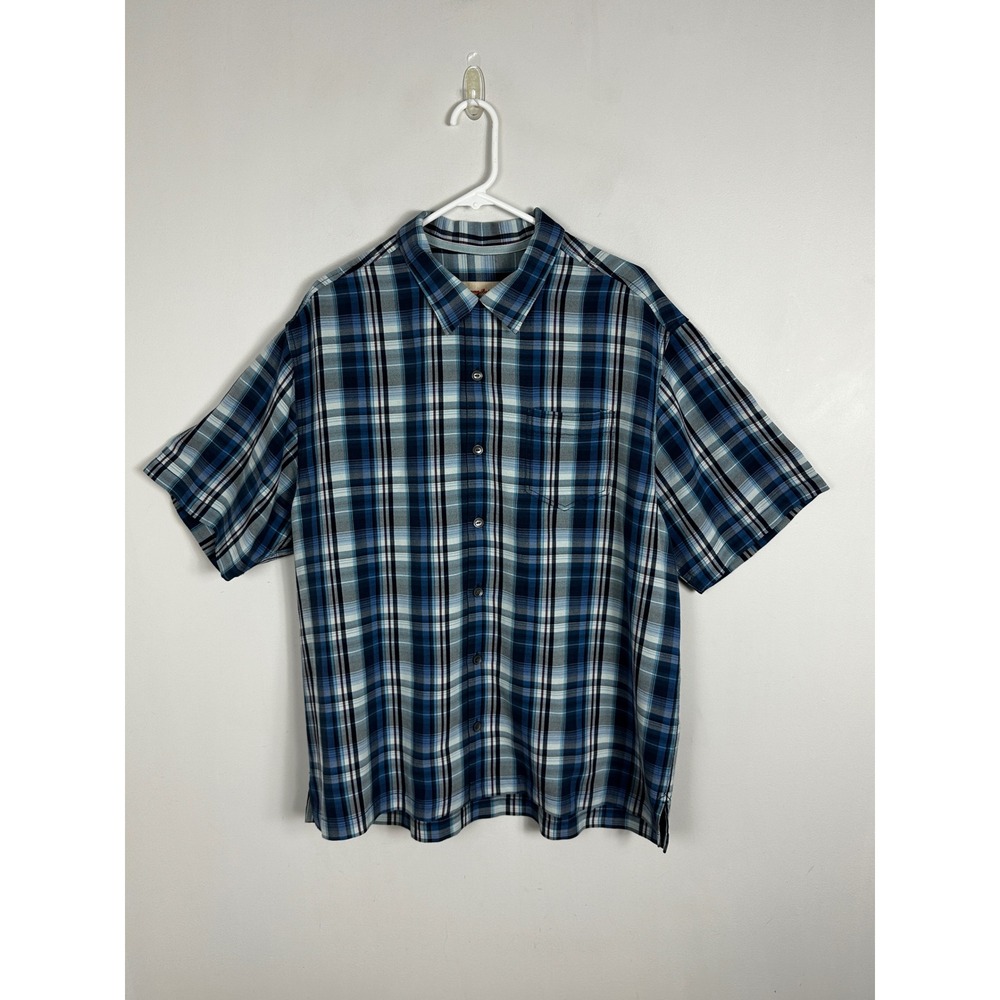 Tommy Bahama 100% Silk Blue Plaid Short Sleeve Collared Shirt Mens Sz XL Pocket